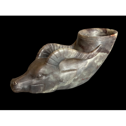 176 - A carved Chinese soapstone Rhyton / Libation cup.
Carved with an Oxen Head. 
2nd half 20th-century.
... 