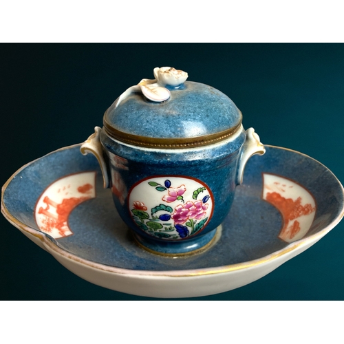 81 - A Chinoiserie Dresden porcelain inkwell & cover.
Early 20th-century.
Hand painted with flowers pond ... 