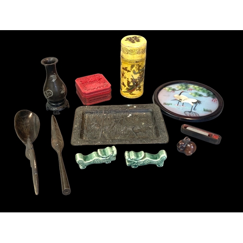 182 - A MISCELLANEOUS COLLECTION OF CHINESE ARTICLES INCLUDING A HORN SEAL BOX, ANTIMONY TRAY, CHINESE FOR... 