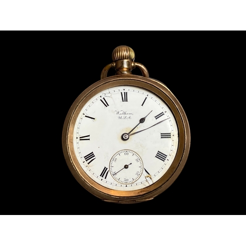 45 - A COLLECTION OF FIVE SILVER & GOLD PLATED POCKET WATCHES. INCLUDING A GOLD PLATED WALTHAM, EXAMPLE, ... 