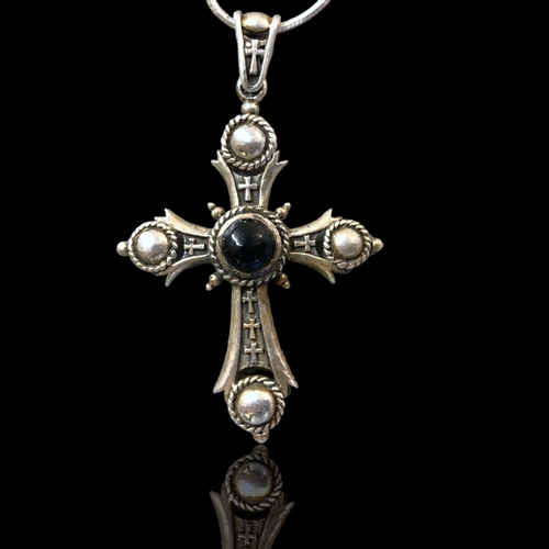 48 - A VINTAGE SILVER & CABOCHON SET CROSS PENDANT. WITH A SILVER NECKLACE.
PENDANT MEASURES - 50 X 30MM