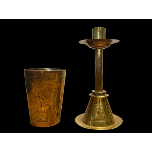 72 - A COLLECTION OF MIDDLE EASTERN METAL & BRASS. INCLUDING A SIDE HANDLE CHOCOLATE POT.