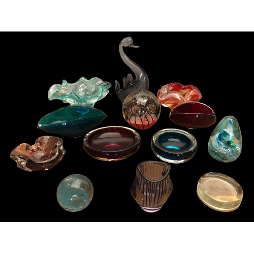 96 - A collection of Art glass Bowls, Ashtrays, paper weights etc- includibng Murano etc