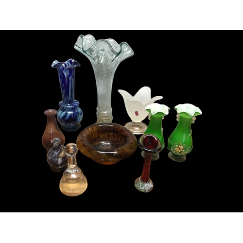 97 - A collection of Glass Vases and others including End of Day Glass Vases and Murano example