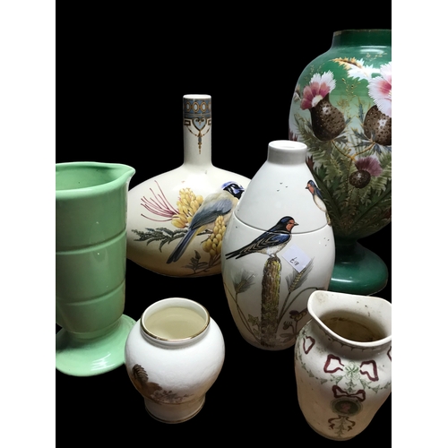 91 - A Large Victorian Hand Painted glass vase and Various Victorian Porcelain Jugs etc.