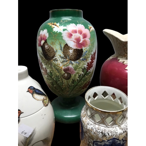 91 - A Large Victorian Hand Painted glass vase and Various Victorian Porcelain Jugs etc.