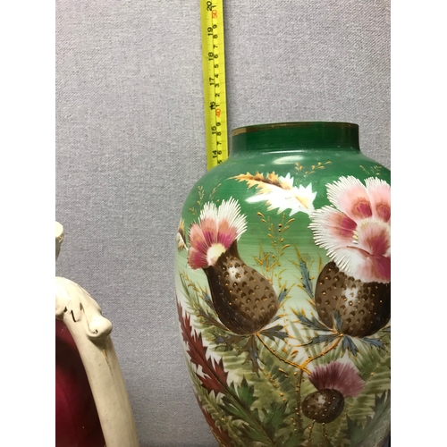 91 - A Large Victorian Hand Painted glass vase and Various Victorian Porcelain Jugs etc.