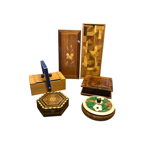 153 - A Wooden puzzle box and other examples with Inlaid Wooden Plaque