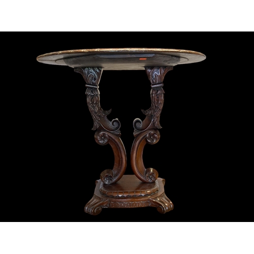 19A - A 19TH CENTURY CONTINENTAL CARVED MAHOGANY & MARBLE TOP OCCASIONAL TABLE. 
71 TALL X 72CM WIDE