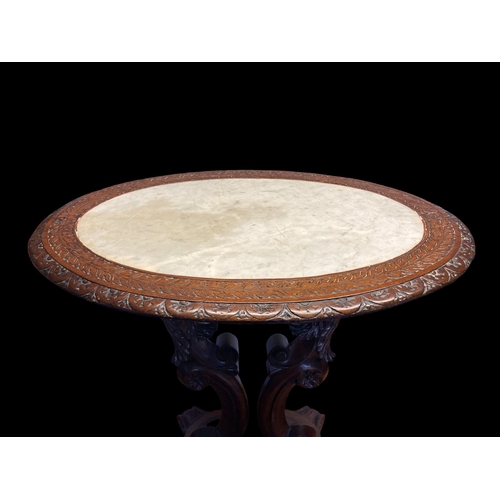 19A - A 19TH CENTURY CONTINENTAL CARVED MAHOGANY & MARBLE TOP OCCASIONAL TABLE. 
71 TALL X 72CM WIDE