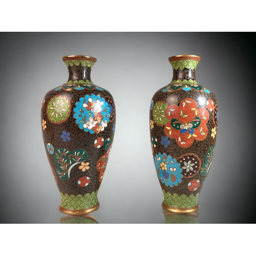 160 - A PAIR OF JAPANESE CLOISONNE VASES, TOGETHER WITH ONE OTHER. MEIJI PERIOD. 
TALLEST - 5CM TALL.