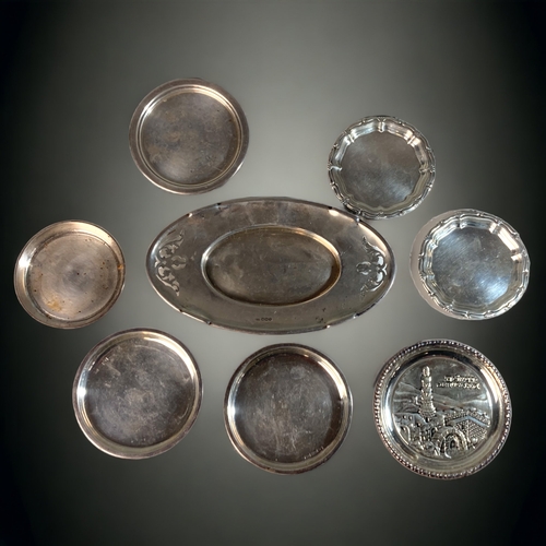 26 - A COLLECTION OF EIGHT VARIOUS SILVER TRAYS & PIN DISHES.
APPROX 328 GRAMS.