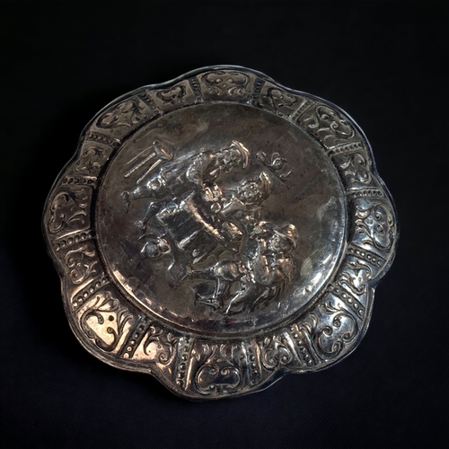 27 - A DUTCH SILVER REPOUSSE DECORATED PIN TRAY.
DEPICTING A PUB SCENE WITH STYLISED BORDER PATTERN. 
12C... 