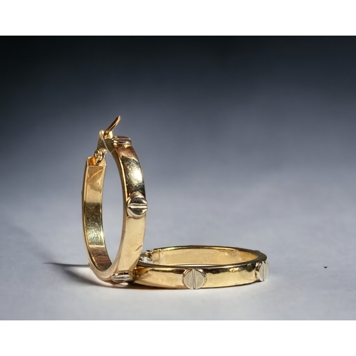 36 - A 9CT GOLD HOOP EARRINGS, IN THE CARTIER LOVE STYLE.
30MM