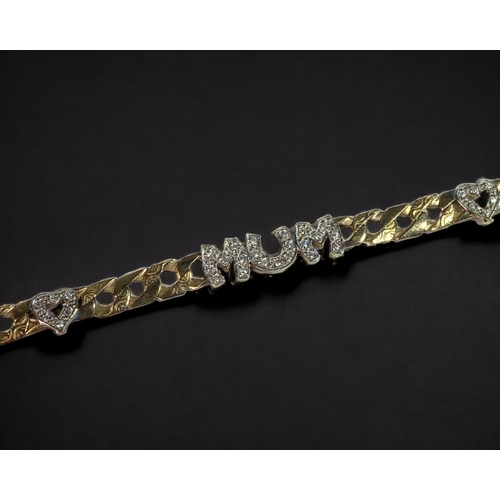 38 - A 9CT GOLD FANCY LINK 'MUM' BRACELET. 
24CM LONG.
10G.