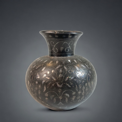 164 - A SILVER INLAID BIDRI WARE SMALL VASE, TOGETHER WITH A CHINESE CLOISONNE BOTTLE SHAPE VASE. DECORATE... 