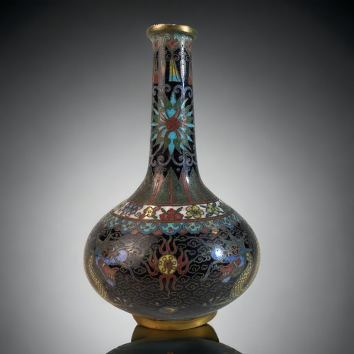 164 - A SILVER INLAID BIDRI WARE SMALL VASE, TOGETHER WITH A CHINESE CLOISONNE BOTTLE SHAPE VASE. DECORATE... 