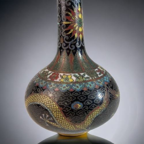 164 - A SILVER INLAID BIDRI WARE SMALL VASE, TOGETHER WITH A CHINESE CLOISONNE BOTTLE SHAPE VASE. DECORATE... 