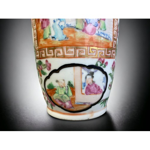 136 - A QING DYNASTY CHINESE FAMILLE ROSE BALUSTER VASE. OVERGLAZE ENAMEL PAINTED WITH COURT SCENES. BORDE... 