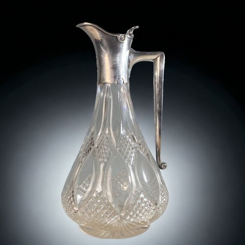 94 - A 925 SILVER & CUT GLASS CLARET JUG. 
LONDON H/M.
24CM TALL.