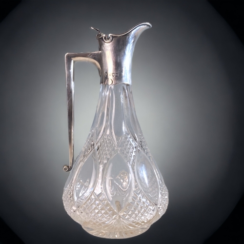 94 - A 925 SILVER & CUT GLASS CLARET JUG. 
LONDON H/M.
24CM TALL.