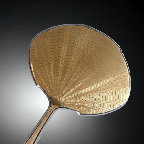 95 - TWO GUILLOCHE ENAMEL HAND MIRRORS TOGETHER WITH SIMILAR HAIR BRUSH.