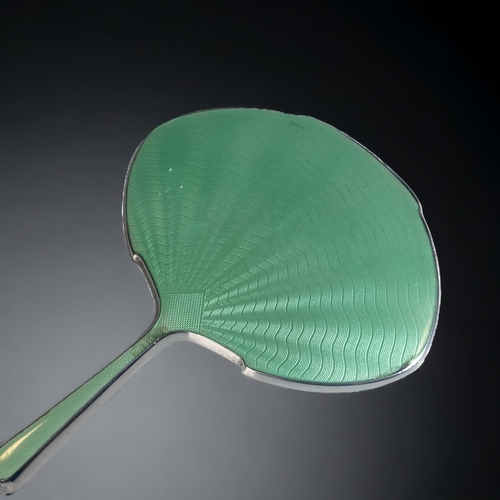 95 - TWO GUILLOCHE ENAMEL HAND MIRRORS TOGETHER WITH SIMILAR HAIR BRUSH.