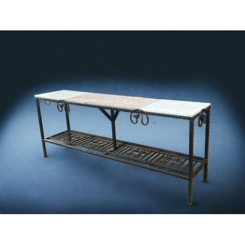 1 - A LARGE WROUGHT IRON & MARBLE TOPPED CONSOLE TABLE.
7FT WIDE.