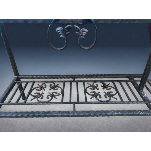 1 - A LARGE WROUGHT IRON & MARBLE TOPPED CONSOLE TABLE.
7FT WIDE.