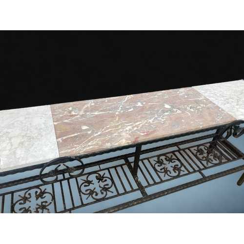 1 - A LARGE WROUGHT IRON & MARBLE TOPPED CONSOLE TABLE.
7FT WIDE.