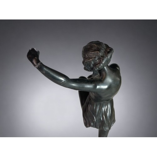 112 - AN ART DECO FAYRAL (PIERRE LE FAGUAYS) MARKED SPELTER FIGURE OF 'DANCER WITH CYMBALS'. 
26CM TALL.