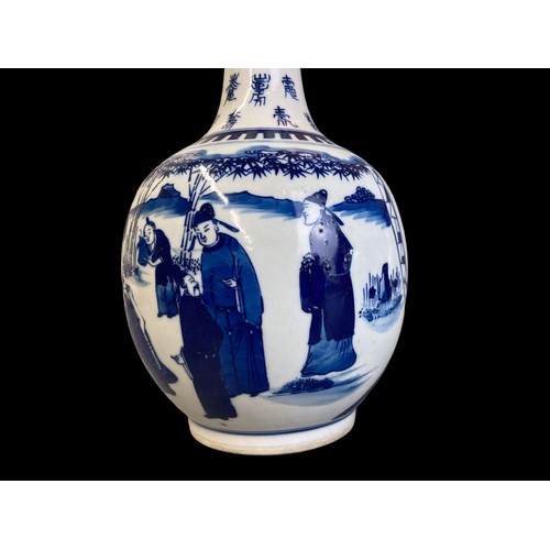 214 - A CHINESE BLUE & WHITE PORCELAIN BOTTLE VASE. QING DYNASTY OR LATER. PAINTED WITH VARIOUS FIGURES AM... 