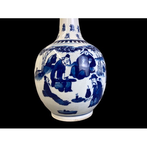 214 - A CHINESE BLUE & WHITE PORCELAIN BOTTLE VASE. QING DYNASTY OR LATER. PAINTED WITH VARIOUS FIGURES AM... 