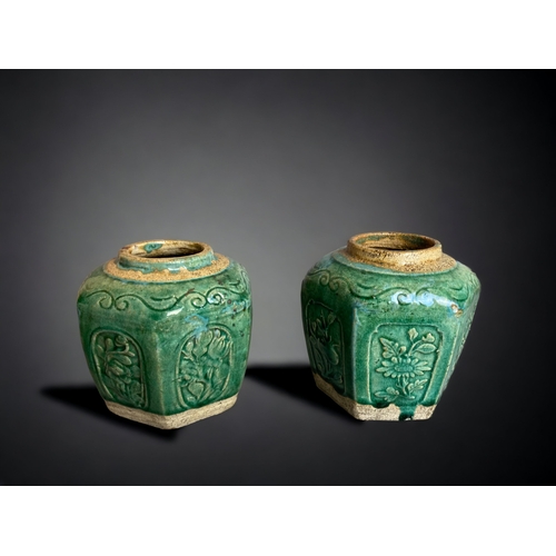 242 - TWO CHINESE SHIWAN POTTERY GREEN GLAZE JARS. QING DYNASTY. 
12CM TALL.