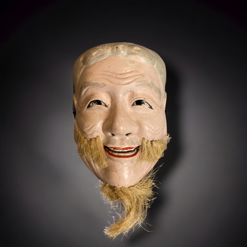 232 - A JAPANESE CARVED WOOD NOH KO-JO (OLD MAN) MASK. MEIJI PERIOD. HAND PAINTED GESSO AND HORSE HAIR FAC... 