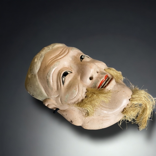 232 - A JAPANESE CARVED WOOD NOH KO-JO (OLD MAN) MASK. MEIJI PERIOD. HAND PAINTED GESSO AND HORSE HAIR FAC... 