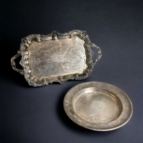 117 - TWO LARGE VICTORIAN SILVER PLATE TRAYS. INCLUDING MAPPIN & WEBB SERVING DISH / TRAY. 
TRAY - 63 X 38... 