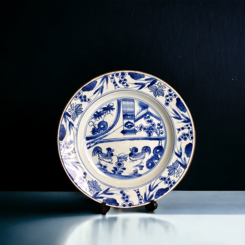 245 - A PAIR OF CHINESE PORCELAIN EXPORT TYPE BLUE & WHITE 'ROOSTER' PLATES. 
22.5CM DIAMETER