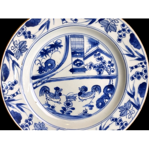 245 - A PAIR OF CHINESE PORCELAIN EXPORT TYPE BLUE & WHITE 'ROOSTER' PLATES. 
22.5CM DIAMETER