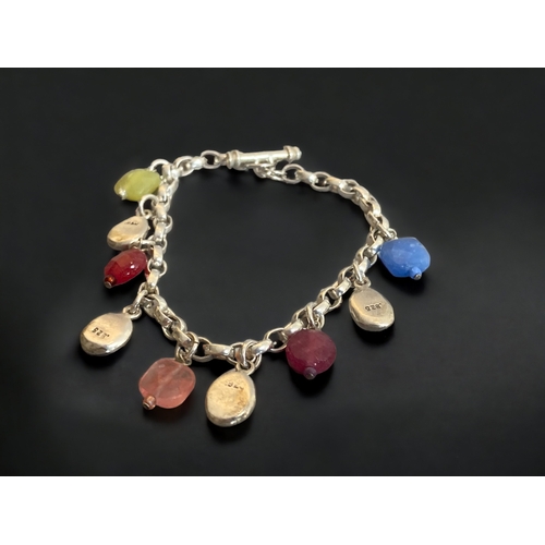 102 - A 925 SILVER & ASSORTED GEM STONE CHARM BRACELET.