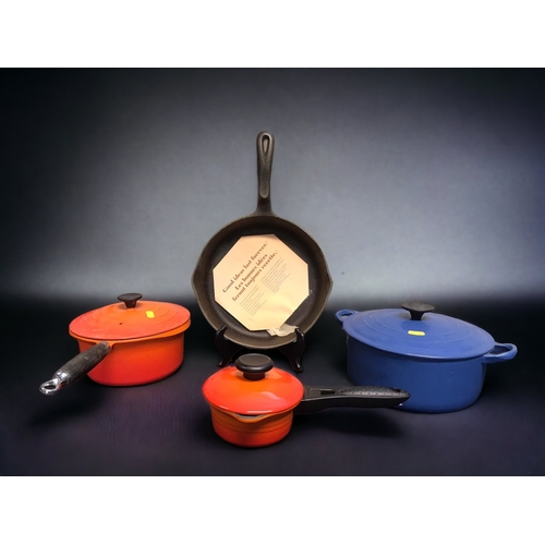 381 - A JOB LOT OF CAST IRON COOKWARE, INCLUDING LE-CREUSET & A WAGNERS 1891 SKILLET.