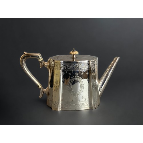 72 - A VICTORIAN W. TYLER SILVER PLATE TEAPOT. ELABORATELY ENGRAVED STYLISED PATTERN, TOGETHER WITH A J.B... 