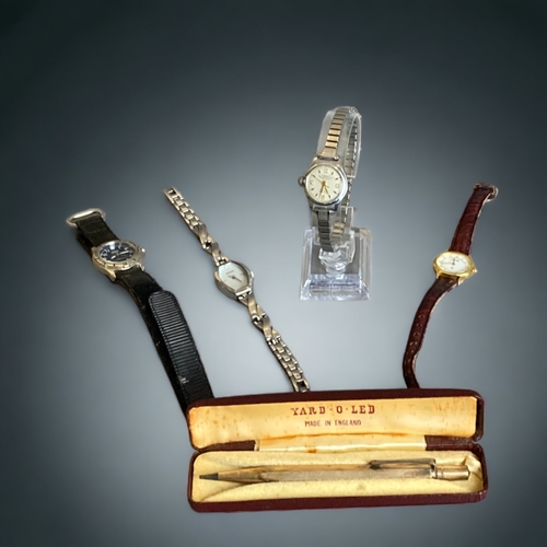 46 - A COLLECTION OF LADIES WRISTWATCHES & LEAD PROPELLING PENCIL. INCLUDING A GERALDY INCABLOC ANTIMAGNE... 