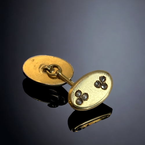 53 - A PAIR OF 18CT GOLD, DIAMOND & SEED PEARL CUFFLINKS. 
WEIGHT - 8.7G