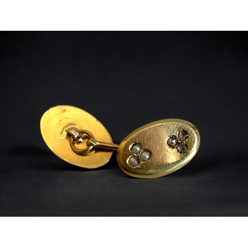 53 - A PAIR OF 18CT GOLD, DIAMOND & SEED PEARL CUFFLINKS. 
WEIGHT - 8.7G