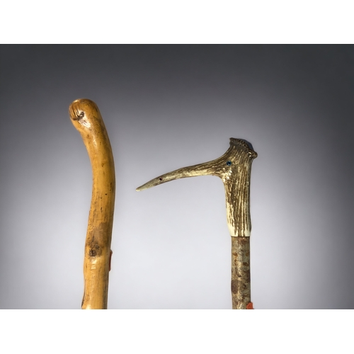 187 - TWO VINTAGE WALKING STICKS, INCLUDING A STAG HORN HANDLE EXAMPLE.