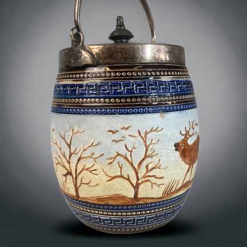 147 - A ROYAL DOULTON STYLE STONEWARE TOBACCO / BISCUIT BARREL.  INCISED & PAINTED STAG PATTERN.
13CM TALL... 