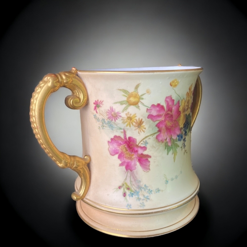 151 - A VICTORIAN ROYAL WORCESTER BLUSH WARE TWIN HANDLE LOVING CUP.  PAINTED SPRAYS OF FLOWERS.