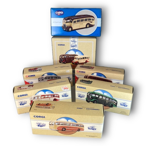 367 - A JOB LOT OF SEVEN CORGI CLASSIC DIECAST MODEL BUSES. BOXED. SCALE 1:50.