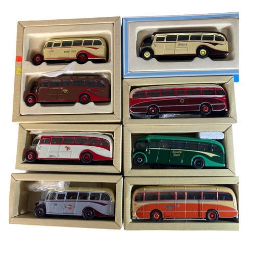 367 - A JOB LOT OF SEVEN CORGI CLASSIC DIECAST MODEL BUSES. BOXED. SCALE 1:50.